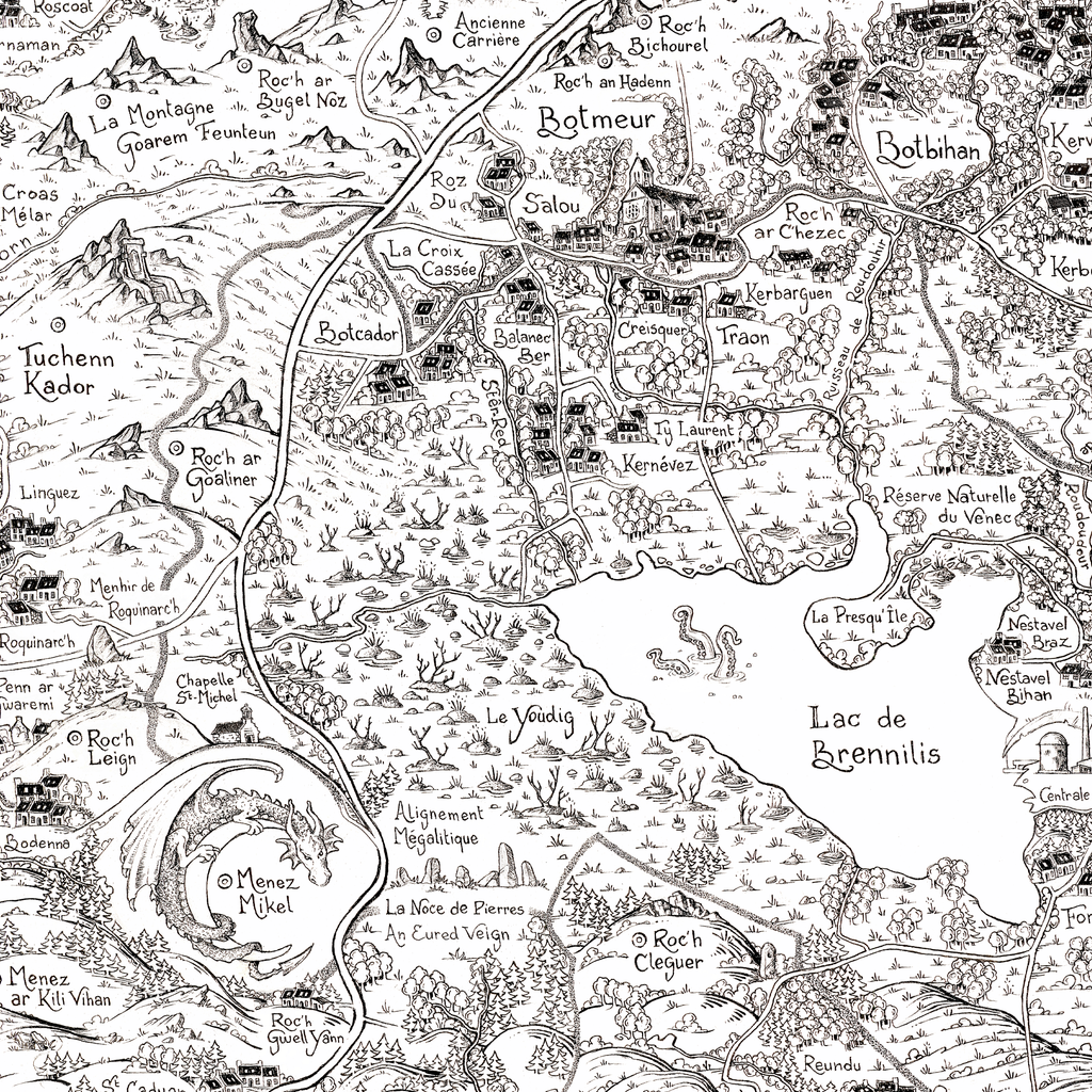 Détail illustration carte Monts d'Arrée - patrimoine breton dessiné à la main