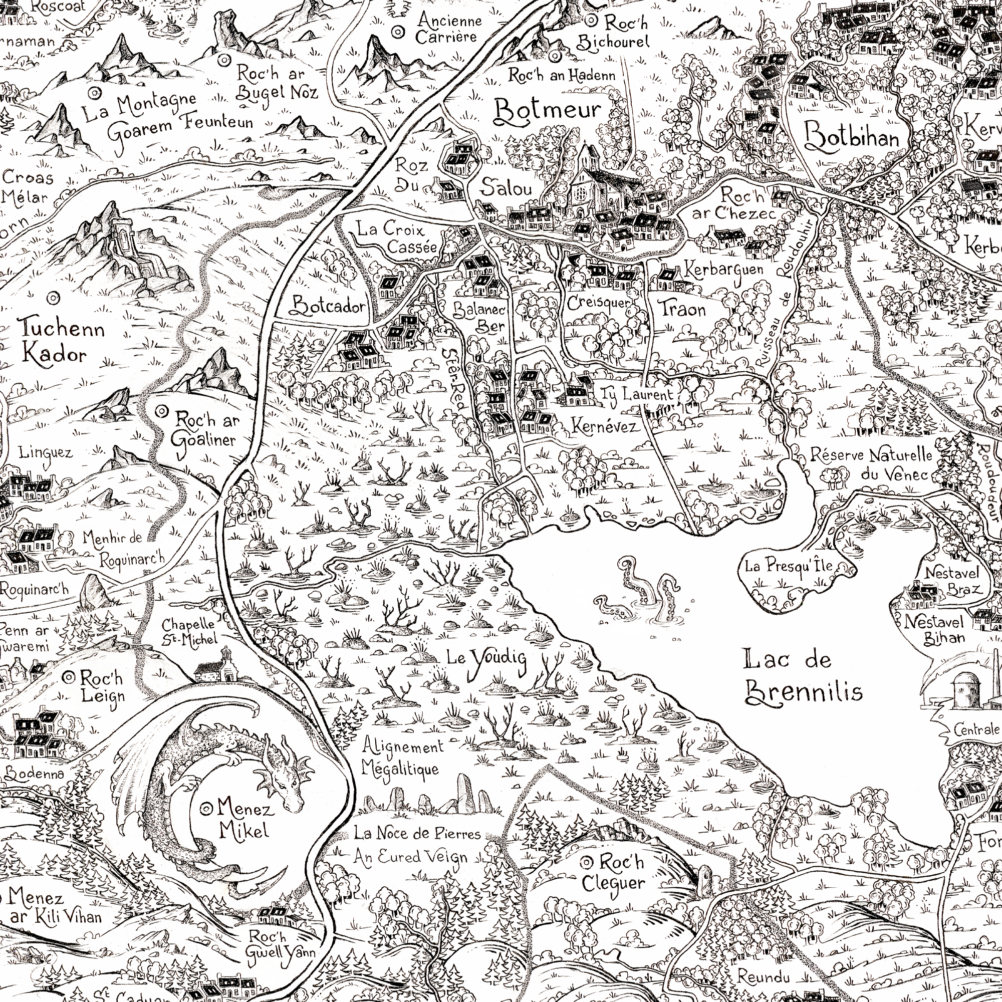 Détail illustration carte Monts d'Arrée - patrimoine breton dessiné à la main
